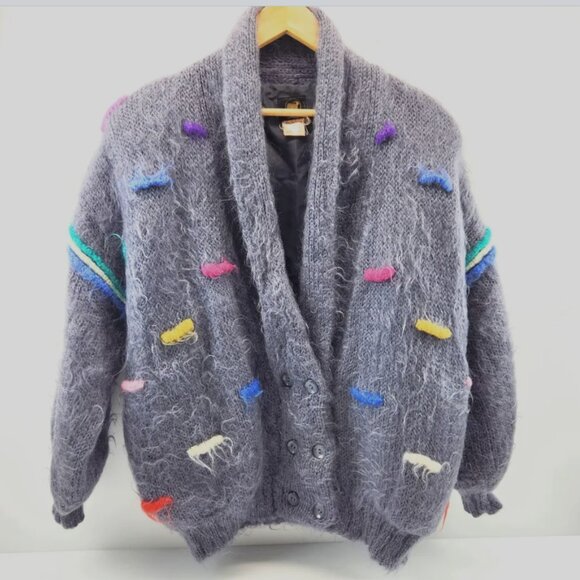 Grandma Core Sweater, Mohair Cardigan Made in Ireland 3 D Lined Pockets Charcoal - Picture 1 of 10